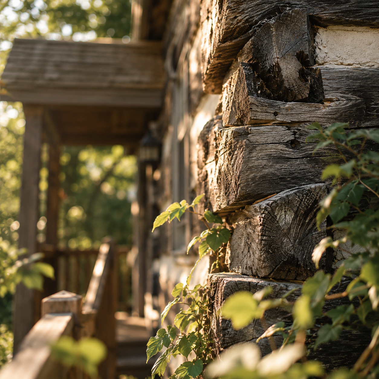 Sunlight on weathered log walls, with a wooden porch and green leaves