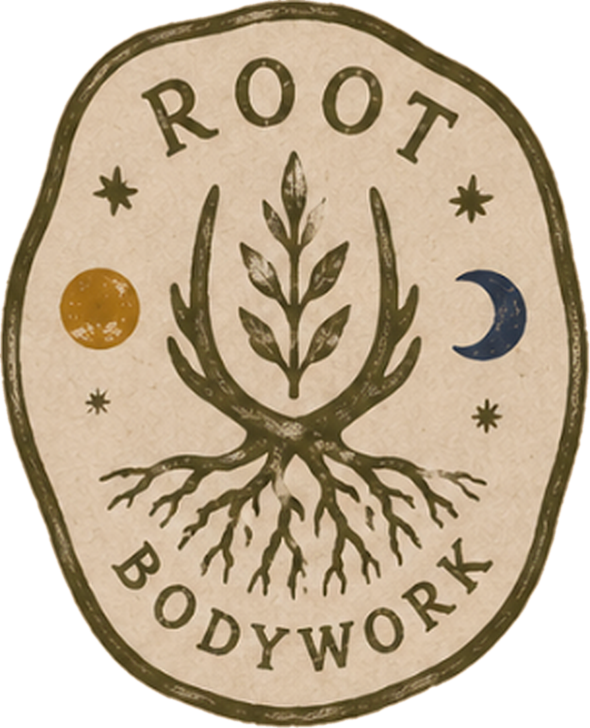 Root Bodywork logo with roots, sun, moon, and an irregular olive outline